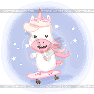 Cute unicorn playing skateboard cartoon background - vector EPS clipart