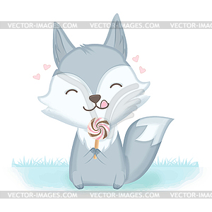 Cute fox with lollipop cartoon - vector clipart