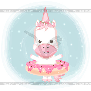 Cute unicorn with donut cartoon watercolor - vector image