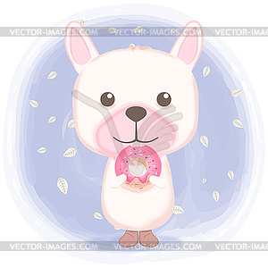 Cute puppy with donut cartoon watercolor - vector clip art