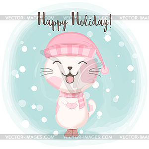 Милый котенок со снегом мультяшный акварель - векторный клипарт
