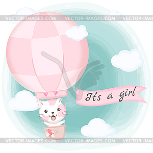 Cute cat floating on air balloon shower - vector image