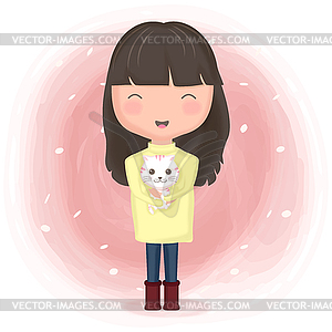 Cute girl and cat cartoon watercolor - vector clipart