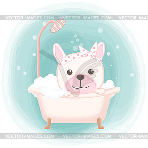 Cute puppy taking bath in bathtub cartoon - vector image