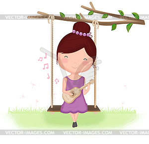 Cute girl playing guitar on swing cartoon - vector image