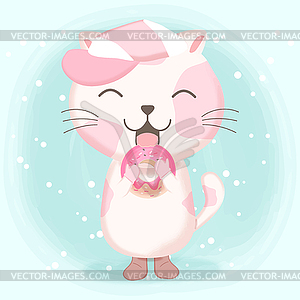 Cute cat with donut cartoon watercolor - vector clip art