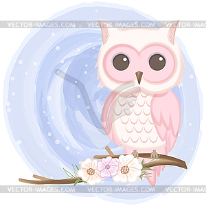 Cute owl and floral watercolor on blue - vector image