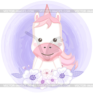 Cute unicorn and floral cartoon on purpl - vector image