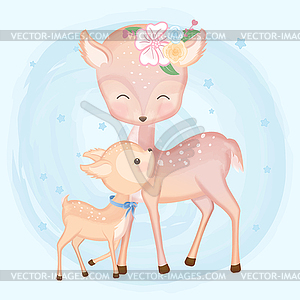 Cute baby deer and mother animal waterco - vector image