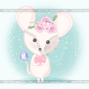 Cute mouse with bird animal watercolor - vector image