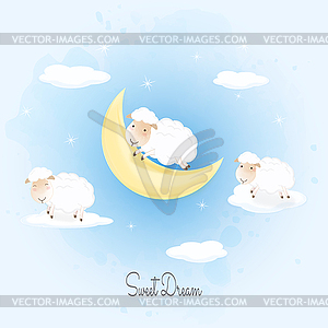 Sweet dream text with sheep jumping on cloud - vector clip art