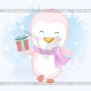 Baby penguin holding gift box - color vector clipart
