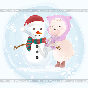 Cute bear and snowman cartoon Christmas - vector clipart