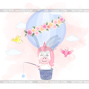 Cute unicorn floating on hot air balloon and birds - vector clip art