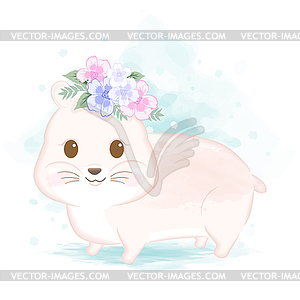 Cute hamster and bouquet cartoon watercolor style - vector clipart