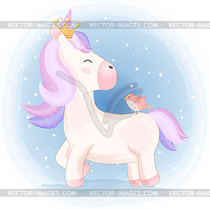 Cute unicorn and bird animal watercolor - vector clipart / vector image