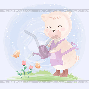 Bear Watering plants cartoon watercolor - vector image