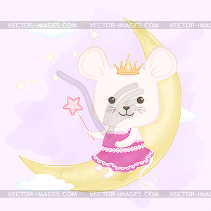 Cute mouse holding magic wand on crescent moon wa - vector clip art