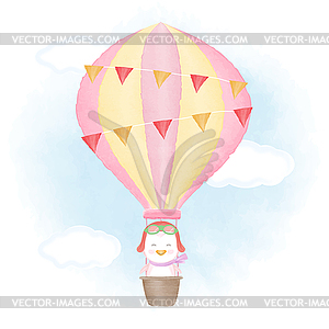 Cute penguin floating on hot air balloon - vector clip art