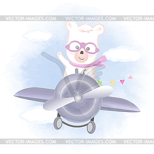 Cute bear flying on airplane animal cartoon - vector image