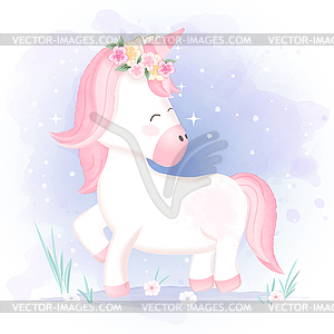 Cute unicorn animal cartoon watercolor - vector image