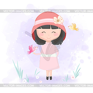 Cute girl and bird cartoon watercolor background - vector clipart / vector image
