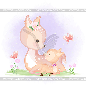 Cute baby deer and mother - color vector clipart