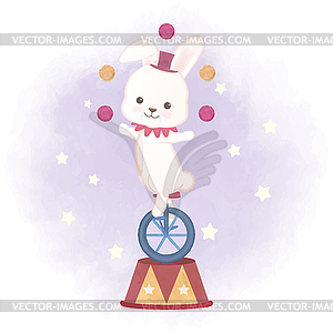 Cute rabbit and juggling balls on unicycle cartoon - vector clipart