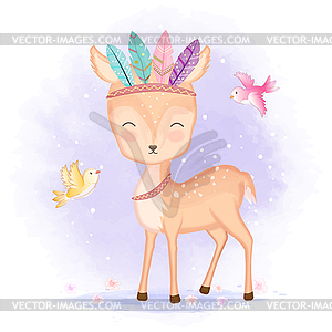 Cute deer with feathers and birds - vector image