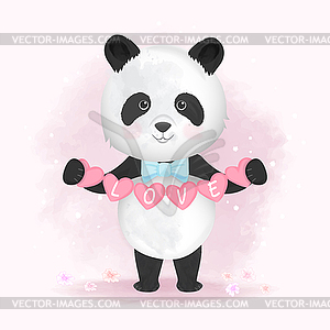 Cute panda holding heart cartoon on pink - vector image