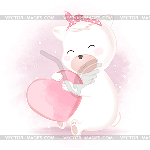 Cute bear with heart cartoon watercolor - vector clipart