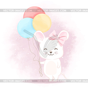 Cute baby mouse with balloons - vector EPS clipart