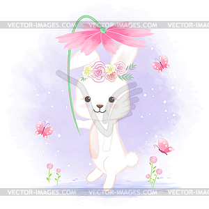 Cute rabbit with flower animal watercolo - vector clip art