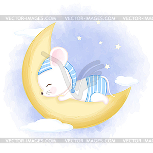 Cute baby mouse sleeping on moon cartoon animal - vector image