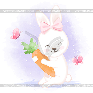 Baby rabbit with carrot, cartoon watercolor - vector clip art