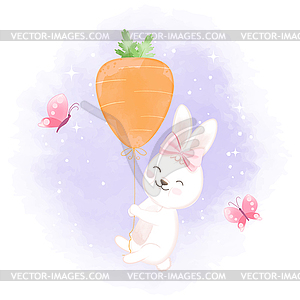 Cute rabbit with carrot balloon - vector clipart