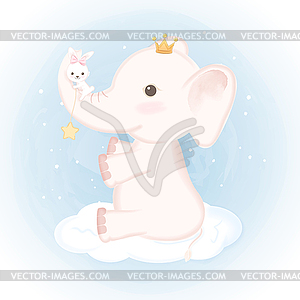 Baby elephant with rabbit on cloud - vector clipart