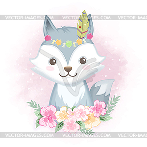 Cute fox with flowers, animal watercolor - color vector clipart