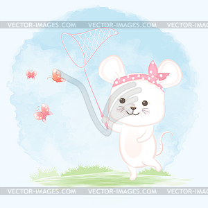 Cute mouse and catching butterflies with net cartoon - vector clipart / vector image