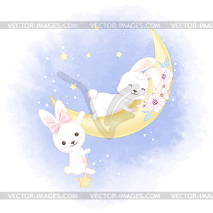 Cute rabbit and moon cartoon watercolor - color vector clipart