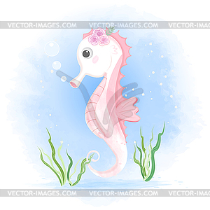 Cute seahorse with bubble and seaweed - vector image