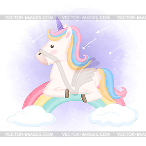 Cute unicorn relaxing on rainbow - vector clip art