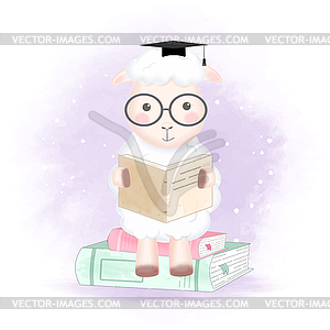 Cute sheep reading book - vector image