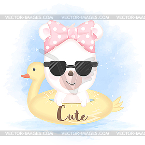 Cute bear in swim ring, animal cartoon - vector clipart