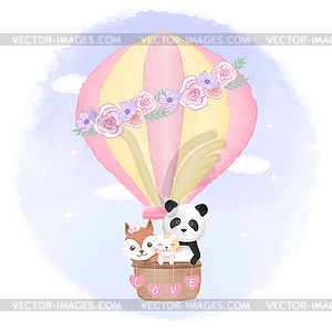 Cute fox, cat and panda floating on hot air balloon - vector clipart