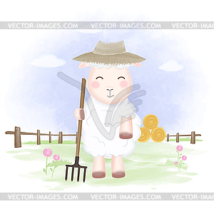 Cute sheep holding rake in farm - vector image