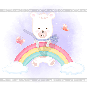 Cute bear hanging on rainbow and butterflies - vector clipart