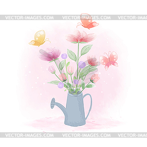 Flowers inside watering can and butterflies - vector clip art