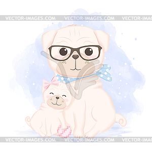 Cute puppy and father cartoon watercolor - vector clipart