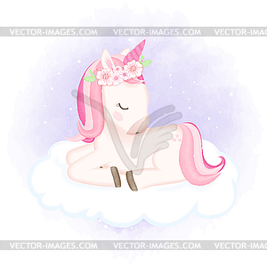 Baby Unicorn sleeping on the cloud - vector image